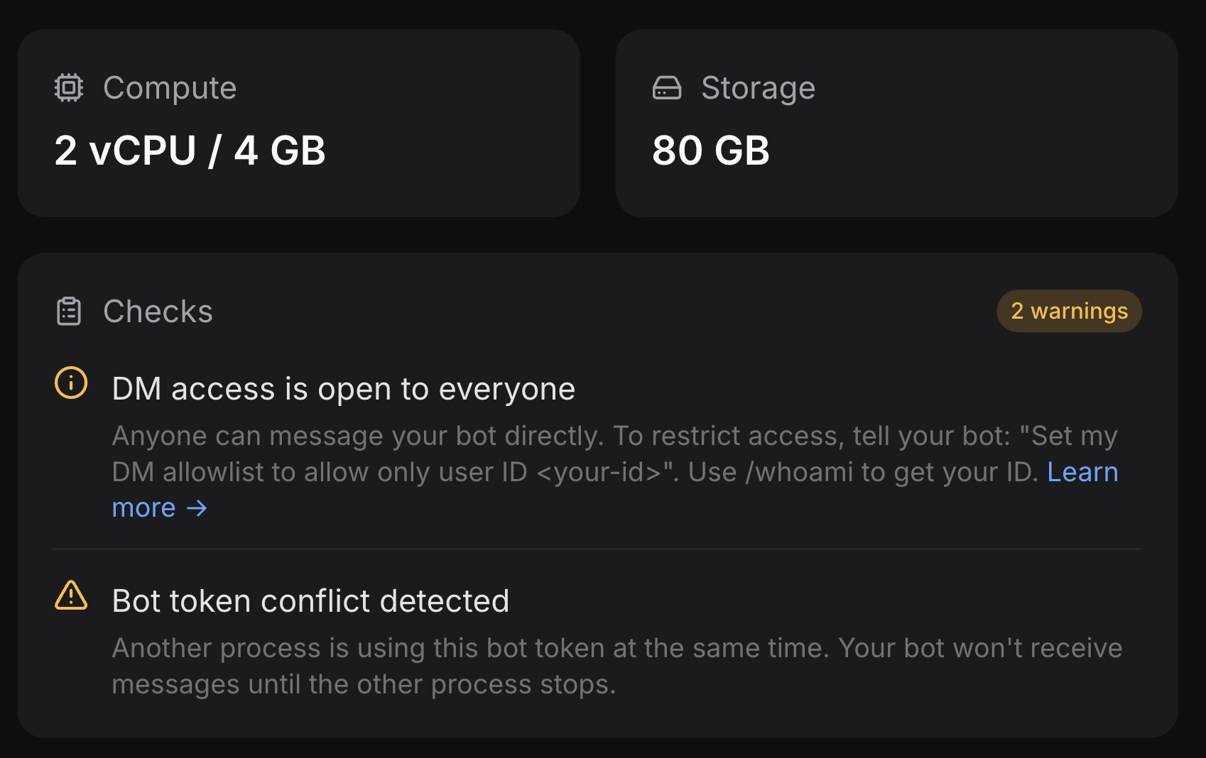ClawCloud dashboard showing automatic issue detection warning for a channel conflict on an OpenClaw instance