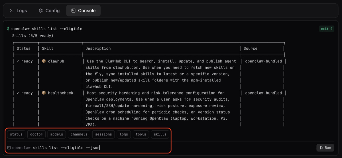 ClawCloud dashboard with built-in Console tab for running OpenClaw CLI commands