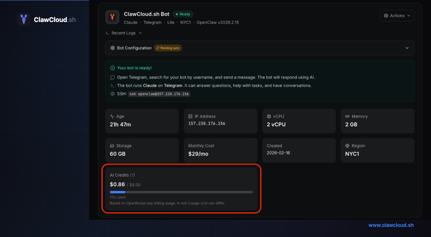 ClawCloud AI credit usage bar showing monthly budget consumption