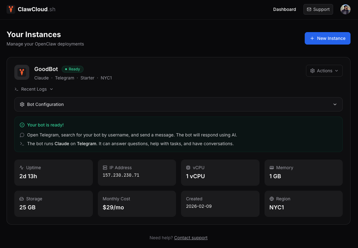 ClawCloud dashboard showing live instance health status and monitoring badges